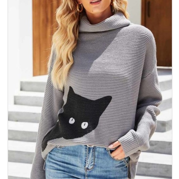 Last 1! NEW Kitty cat cozy knit turtleneck sweater - Picture 2 of 6